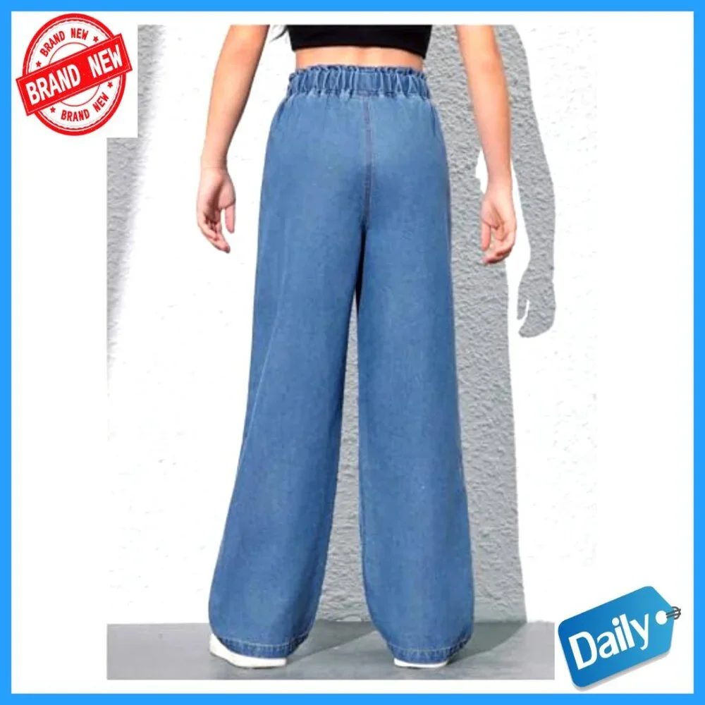 Girls Baggy Wide Leg Jeans High Elastic Waist Straight Leg Denim Pants